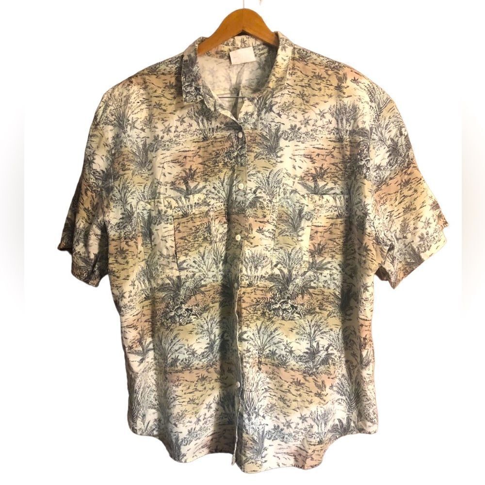 Vintage Cherokee Women’s Button Down Short Sleeve Shirt Tree And Shrub Print W26